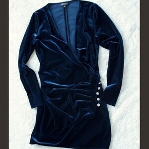 Topshop | Navy Velvet Drape Button Mini Dress